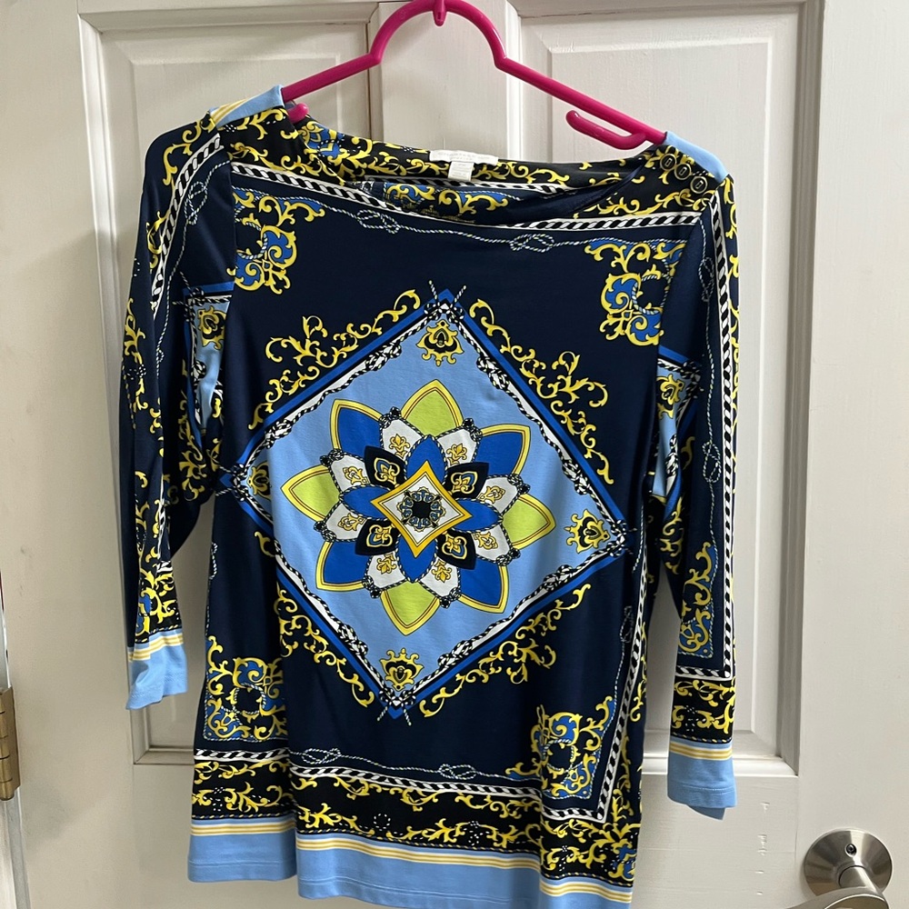 Charter Club Navy, Light Blue & Yellow Printed Long-Sleeve Top